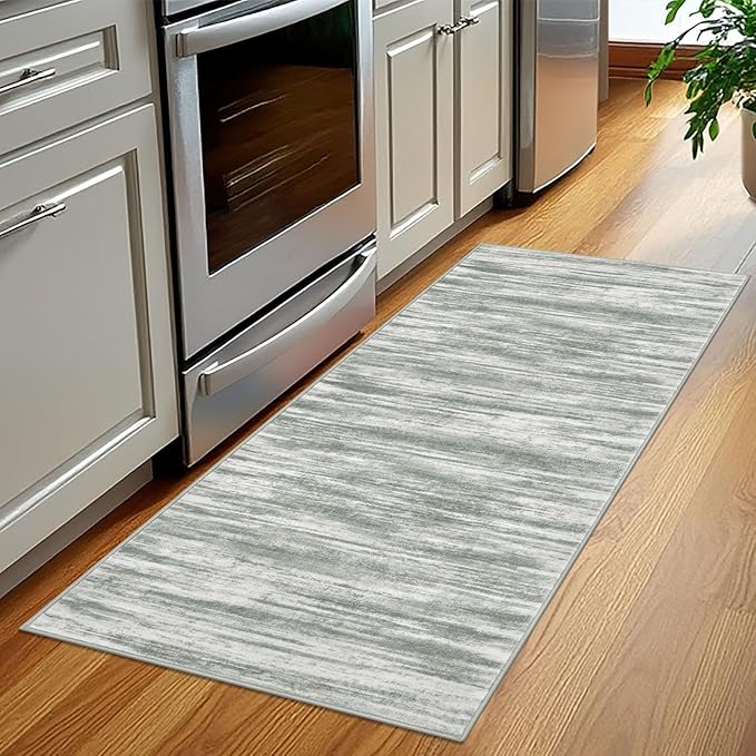 KOZYFLY Kitchen Runner Rug for Hallway Non-Slip Modern Abstract Runner Rug 2x5 Grey Green, Washable Carpet Runner Laundry Room Mat with Soft Low Pile for Entryway Bathroom Bedroom Kitchen