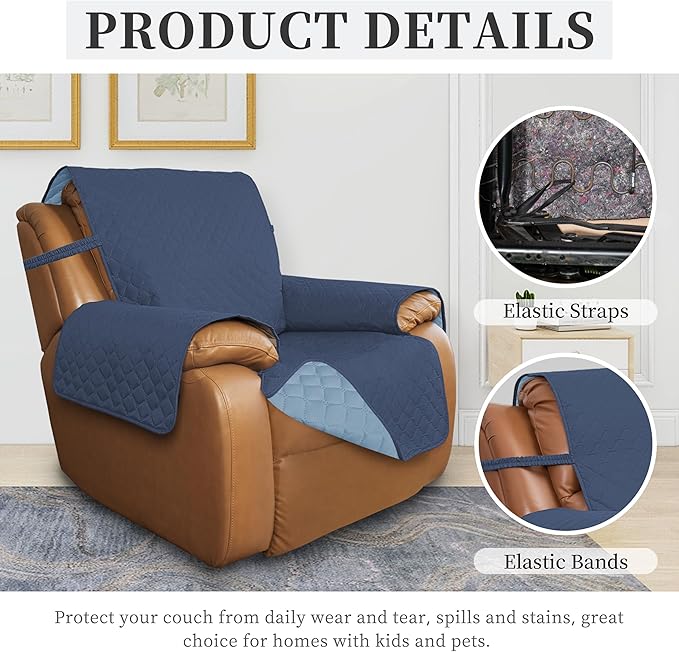ISSUNTEX Double Protection 100% Waterproof Recliner Covers for Living Room, Reversible Furniture Protector Recliner Couch Sofa Slipcover for Dogs, Pets, Kids (Oversized Recliner, Dark Blue/Light Blue)