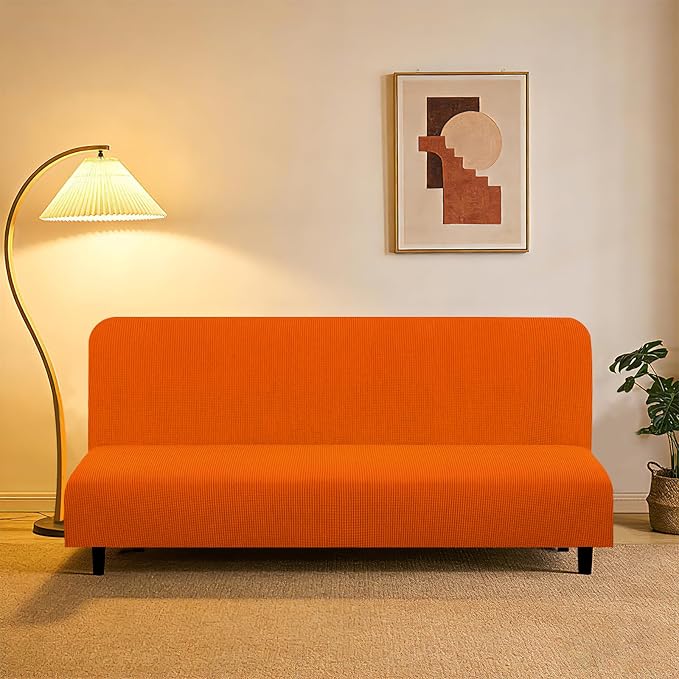 U-NICE HOME Stretch Futon Cover Armless Bed Slipcover - Soft Jacquard Fabric Washable for Pet Friendly, Orange
