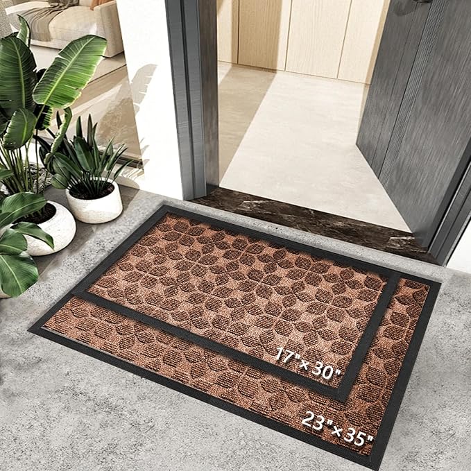 Bulijojo Sturdy Front Entrance Doormats,Durable Heavy Duty Welcome Mat,Thick Absorbent Natural Rubber Non Slip Mat,Easy Clean Entryway Mat 17"x30" Geometric Brown
