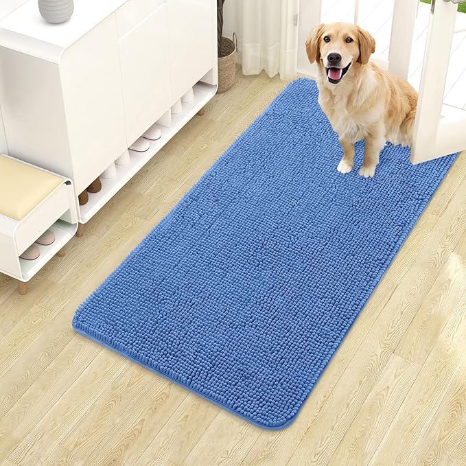 OLANLY Dog Door Mat for Muddy Paws 40x24, Absorbs Moisture and Dirt, Absorbent Non-Slip Washable Doormat, Quick Dry Chenille Mud Mat, Entry Indoor Entryway Carpet for Inside Floor, Cornflower Blue