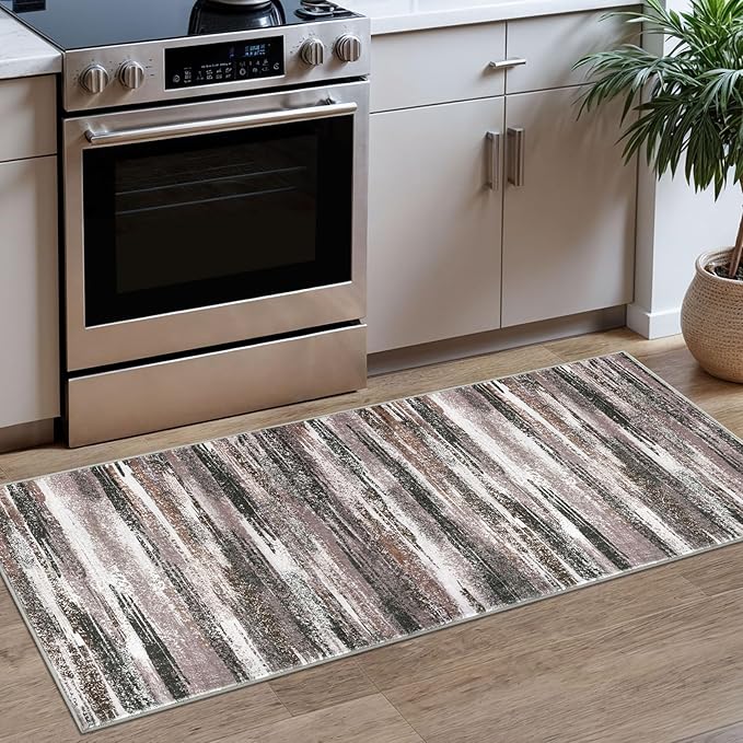 Lansny Modern Abstract Runner Rug 2x5, Dark Light Brown White Washable Kitchen Runner Entryway Rug Mat Non-Slip Soft Hallway Rug Runner Thin Print Faux Wool Carpet for Bedroom Laundry Room Indoor