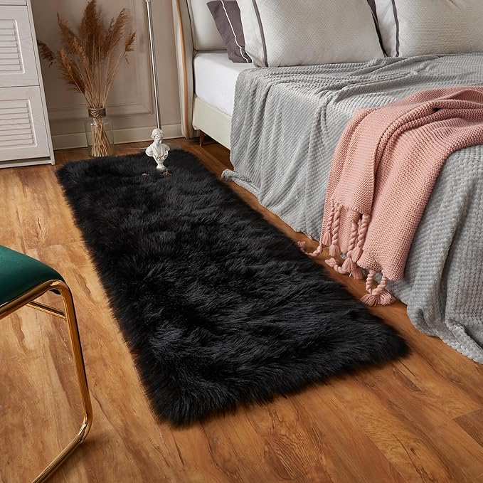 EasyJoy Ultra Soft Fluffy Rugs Faux Fur Rug Chair Cover Seat Pad Fuzzy Area Rug (Black, 2x6 ft Rectangle)