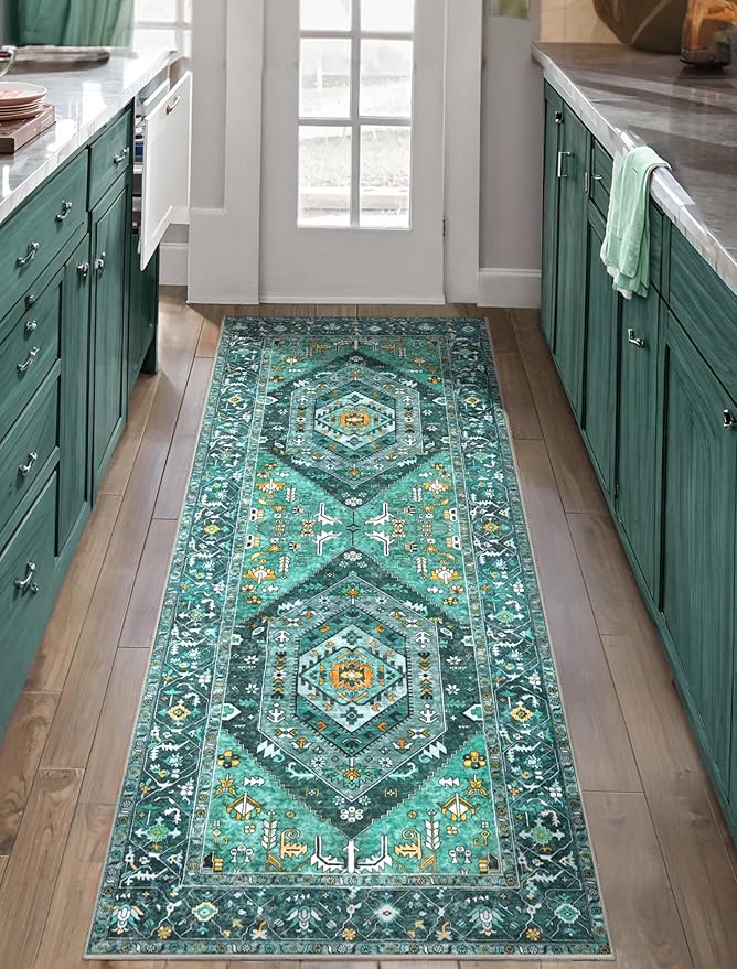 SERISSA Boho Washable Runner Rug, 2x5 Rug Runner Non-Slip Vintage Teal Hallway Kitchen Runner Rug Ultra Soft Print Distressed Tribal Floor Carpet Runner for Bedroom Bathroom Laundry Living Room