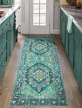 SERISSA Boho Washable Runner Rug, 2x5 Rug Runner Non-Slip Vintage Teal Hallway Kitchen Runner Rug Ultra Soft Print Distressed Tribal Floor Carpet Runner for Bedroom Bathroom Laundry Living Room