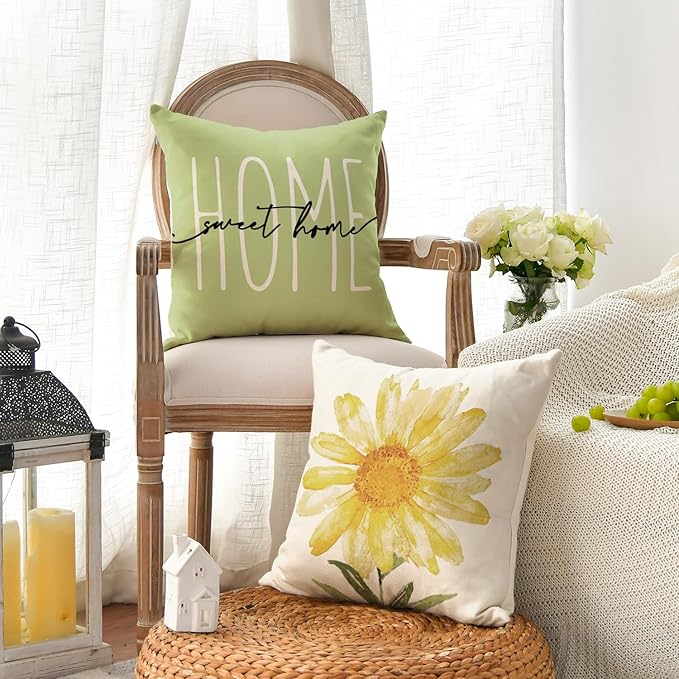 AVOIN colorlife Home Sweet Home Spring Summer Flowers Green Throw Pillow Covers, 18 x 18 Inch Cushion Case for Sofa Couch Set of 4