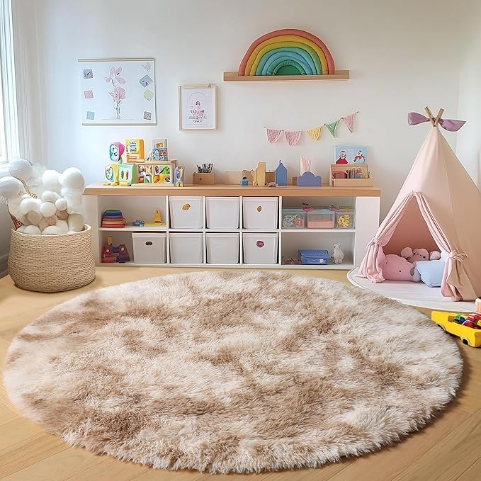 ONASAR Round Rugs 6ft for Living Room Bedroom, Tie-Dye Beige Fluffy Circle Area Rug for Kids Girls Boys Teen, Soft Plush Shaggy Carpet for Nursery Dorm Classroom Playroom Home Decor Aesthetic
