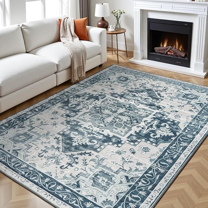 Rugflix 6x9 Area Rug for Living Room, Machine Washable Area Rugs with Non-Slip Backing, Large Soft Boho Vintage Rug for Bedroom, Dining Room, Low Pile Carpet, Kids Pet Friendly, Blue
