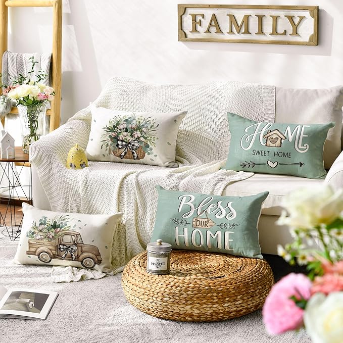 AVOIN colorlife Bless Our Home Farmhouse Eucalyptus Leaves Throw Pillow Covers, 12 x 20 Inch Blue Truck Home Sweet Cushion Case Decorations Set of 4