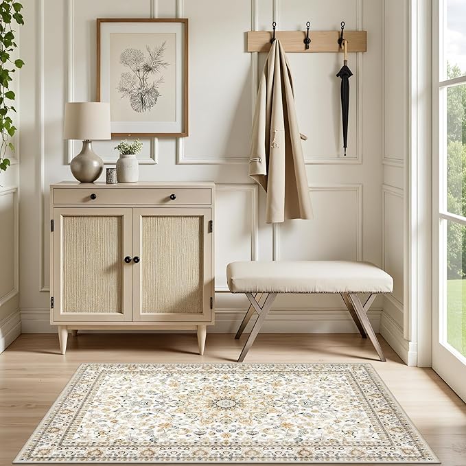 2x3 Area Rugs Living Room Rug: Washable Vintage Boho Rug No Slip Stain Resistant Soft Carpet Indoor Floor Floral Large Carpets for Bedroom Dining Room Farmhouse Nursery Hallway Home Office Beige