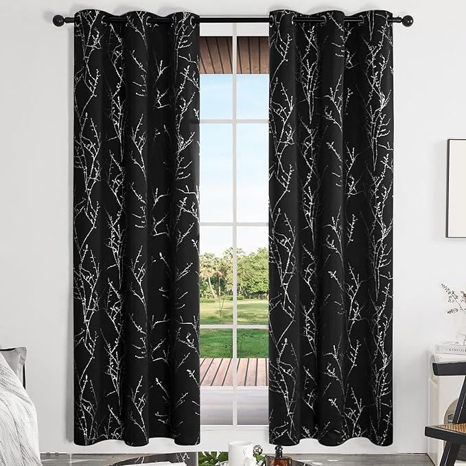 Deconovo Black Blackout Curtains, Thermal Insulated Soundproof Privacy Curtain Drapes, Branch Foil Print, 42 x 84 Inch Long, 2 Panels, Machine‑Washable Window Panel for Bedroom Living Room Office Home
