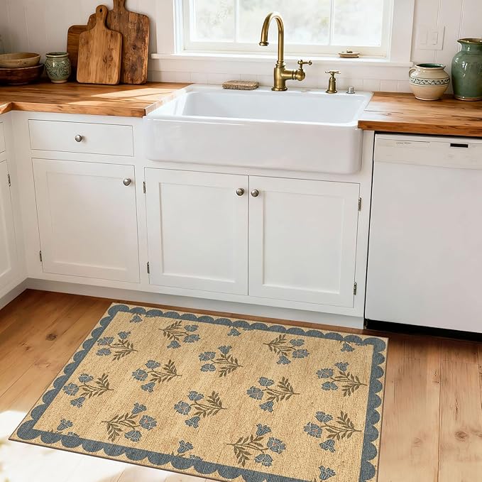 Floral Outdoor Rug - 28" x 43" Front Door Mat Indoor Outside Entrance Non-Slip Washable Outdoor Mat Jute-Look Blue Scalloped Rug for Entryway Kitchen Mudroom Layered Doormat for Front Porch
