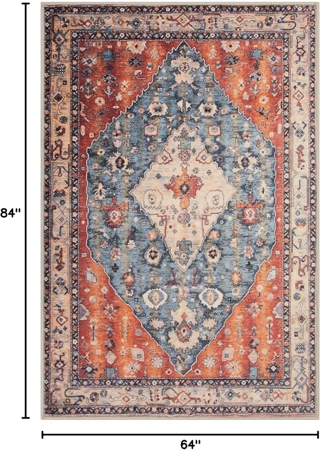 SERISSA 5x7 Boho Tribal Area Rug, Washable Large Rugs for Living Room, Ultra Soft Non-Slip Bedroom Rug Print Distressed Vintage Farmhouse Carpet Rug for Dining Room Dorm Office Home Decor