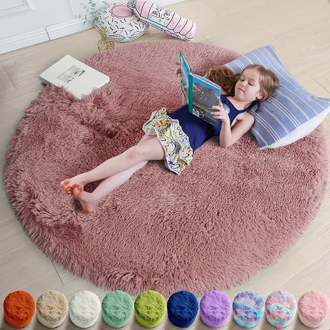 Amdrebio Blush Fluffy Round Rug 4Ft for Bedroom, Fuzzy Furry Circle Area Rugs for Kids Room Decor Aesthetic, Shaggy Circular Carpet for Girls Nursery Dorm Baby Teen, Cute Neutral Dusty Rose Mauve Rug