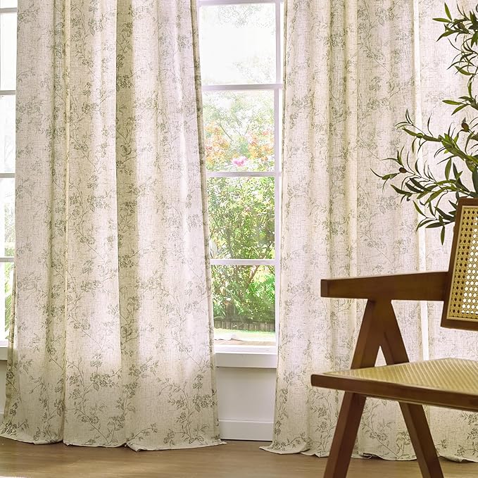 Lazzzy Green Floral Curtains 84 Inch Length Linen Farmhouse Curtain Back Tab Drapes for Living Room Bedroom Light Filtering Vintage Rod Pocket Curtains, 2 Panels, Green on Beige