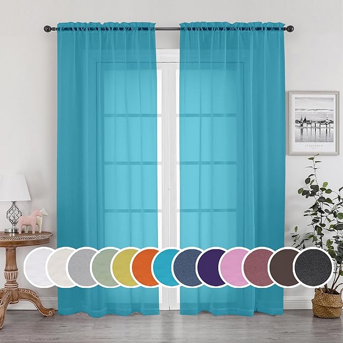 OWENIE Sheer Curtain 90 Inches Long 2 Panels Set for Living Room Bedroom, Light Filtering Rod Pocket Clear Sheer Curtain 2Pcs, Each 42" W x 90" L, Marine