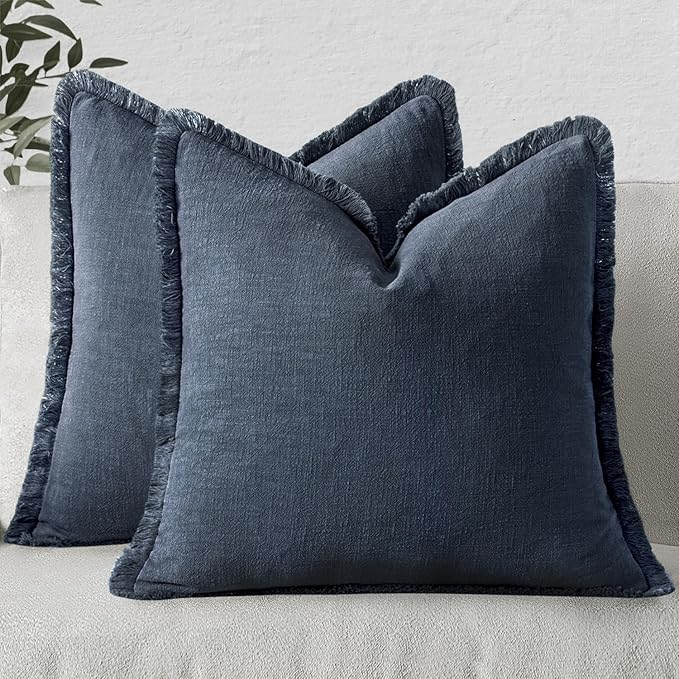 MIULEE Decorative Throw Pillow Covers Neutral Linen Fringe Throw Pillows Set of 2 Indigo Blue Boho Farmhouse Cushion Covers Coastal Decor for Couch Sofa Bed Living Room Spring Decor 26x26 Inch