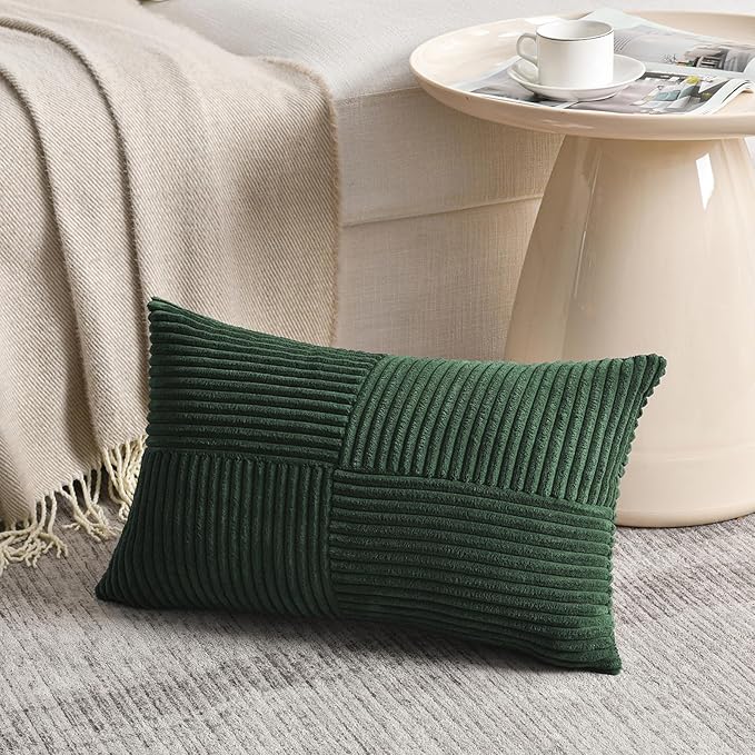 Fancy Homi 2 Packs Dark Green Lumbar Decorative Throw Pillow Covers 16x26 Inch for Living Room Couch Bed, Rustic Farmhouse Boho Home Decor, Soft Striped Corduroy Rectangle Accent Cushion Case 65x40 cm