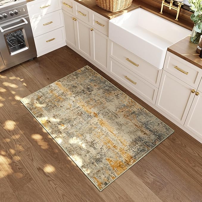 Entrance Rugs Indoor 2x3 Beige Entry Rug Washable Abstract Small Area Rug Non-Slip Low Pile Light Tan Throw Rugs for Entryway, Kitchen Floor, Front Door Indoor Door Mat, Bedroom Bedside
