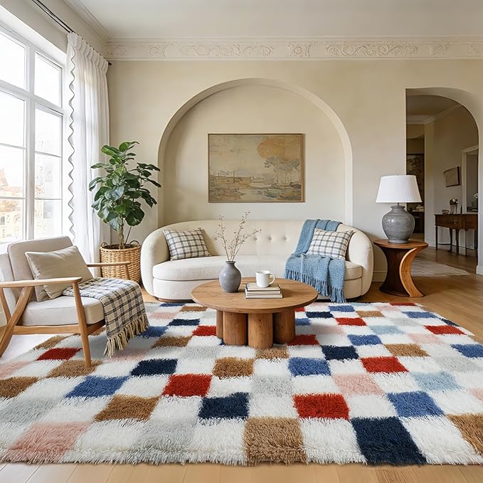 Shag Area Rug for Bedroom Living Room,5x8 Fluffy Soft Colorful Checkered Rug Fuzzy Shaggy Bedroom Carpet,Indoor Plush Floor Rugs for Kids Boys Girls Teen Dorm Nursery Home Decor