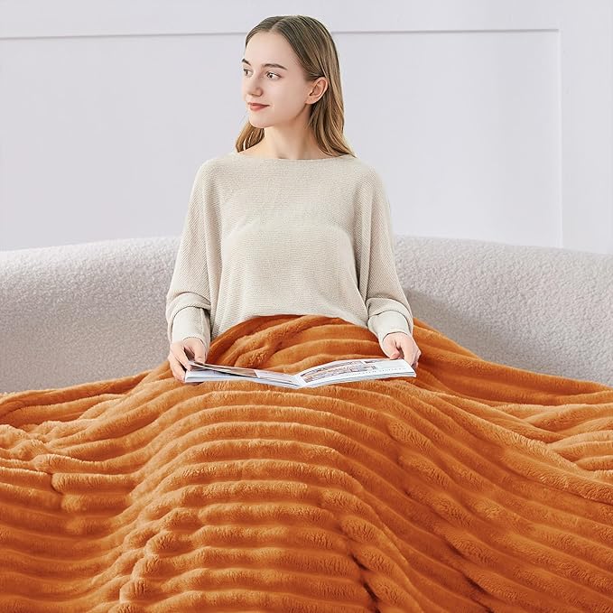 BEDELITE Twin Blanket for Couch & Bed, 300GSM Soft & Warm Fleece Blanket, Decorative and Giftable Striped Burnt Orange Blankets for Women, Men, 60"x80"