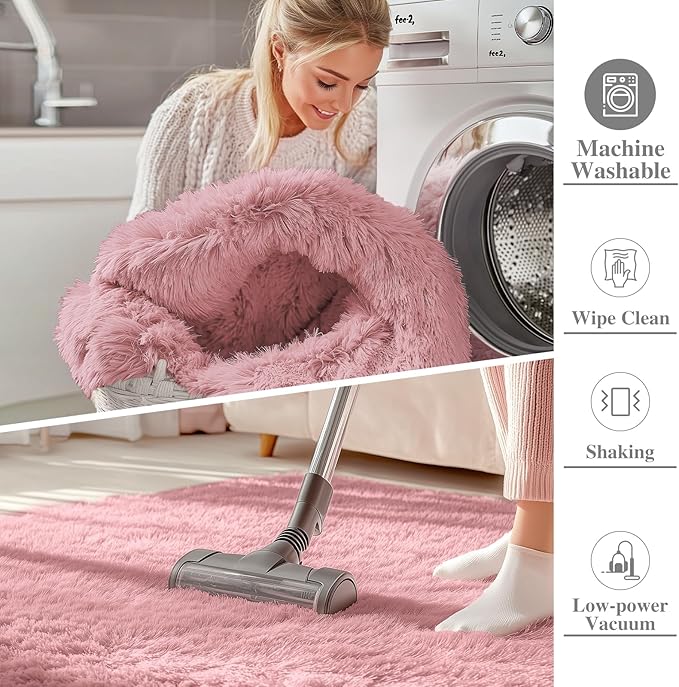 OLANLY 3x5 Machine Washable Small Bedside Rug, Soft Fluffy Shaggy Rugs for Living Room, Bedroom, Indoor Floor Carpet for Kids Girls and Boys, Preppy Dorms, Nursery, Home Decor Aesthetic, Pale Pink