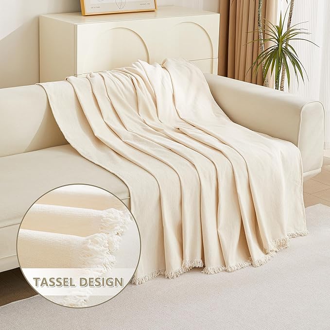 MYSKY HOME Boho Couch Cover Beige Sofa Covers with White Tassel Farmhouse Sofa Slipcover Simple Couch Protector for Dogs Chenille Sectional Couch Covers L Shaped Couch Cushion Covers, 91"x 134"