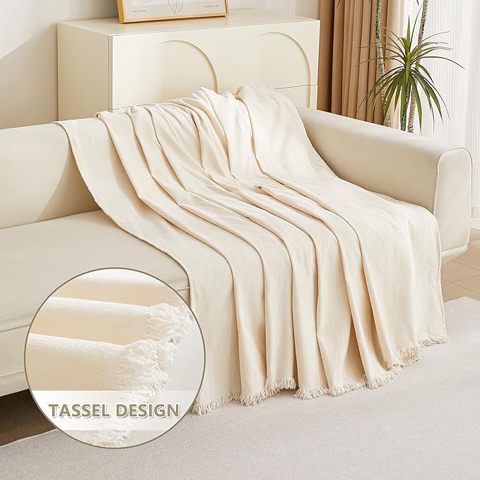 MYSKY HOME Couch Cover 3 Cushion Sofa with Tassel, Chenille Sofa Covers Couch Covers, Slipcovers for Sectional l Shaped Dogs Protector Furniture Covers, 91" X150", Beige