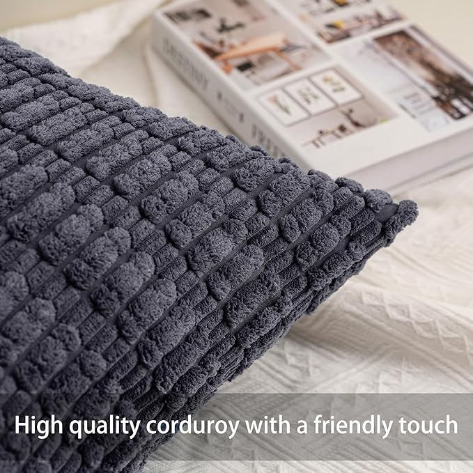 Pack of 2 Corduroy Decorative Throw Pillow Covers 18x18 InchSoft Boho Striped Pillow Covers Modern Farmhouse Home Decor for Sofa Living Room Couch Bed（Dark Grey）