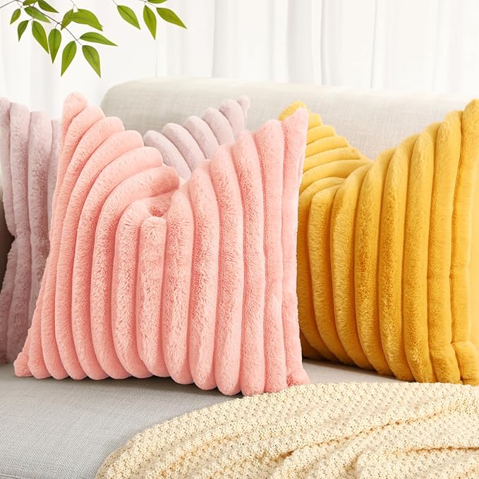 decorUhome Summer Cozy Faux Fur Throw Pillow Covers 16x16 Set of 2 Decorative Plush Striped Modern Farmhouse Boho Couch Pillow Cases with Velvet Back for Sofa Bed Living Room, Blush Pink