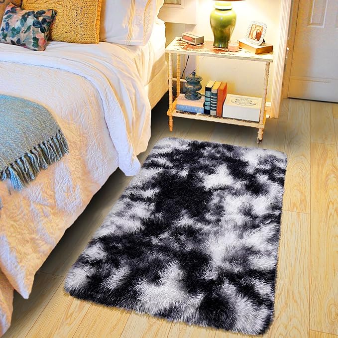 Pionblank Fluffy Small Rug for Bedroom 2x3 Feet, Shag Soft Area Rug, Modern Plush Carpet, Furry Cute Bedside Rug for Kids Girls Boys Room Nursery Decor, Black White
