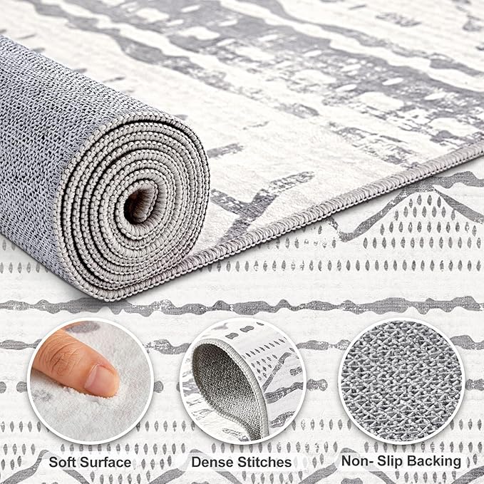 Nakagishi Area Rugs 8x10 Living Room: Washable Boho Large Neutral Soft Farmhouse Rug Stain Resistant Modern Geometric Non Slip Indoor Floor Carpet for Bedroom Nursery Kids Playroom Office- Gray White