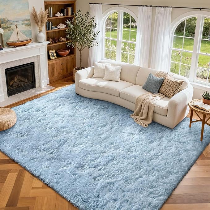 9x12 Ft Extra Large Shag Rugs for Living Room, Ultra Soft Fluffy Furry Area Rugs for Bedroom Indoor Floor, Aesthetic Carpet for Kids Home Decor (Light Blue)
