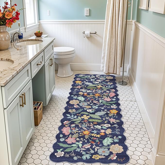 2x6 Hallway Floral Rug Runner: Washable Non Slip Low Pile Area Rug for Kitchen Front Door Soft Water Resistant Carpet for Bathroom Light Weight Durable Floor Mat for Bedroom Nursery(2x6/Blue/Purple)