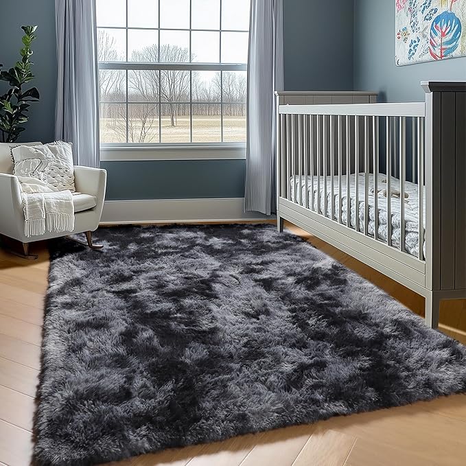 ONASAR Area Rugs 9x12 Living Room, Tie-Dyed Dark Grey Large Fluffy Bedroom Rug, Soft Plush Thick Shaggy Big Floor Carpet for Kids Boy Girls Teen Dorm Nursery Indoor Home Decor Aesthetic