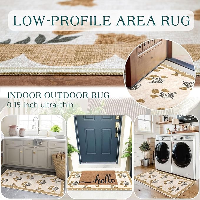 Front Door Mat Indoor Entrance - 2x4.3 Ft Floral Washable Layered Doormat Outdoor Entrance Spring Porch Rug Non-Slip Beige Boho Runner Rug for Kitchen Hallway Bedroom Laundry Room Porch Decor