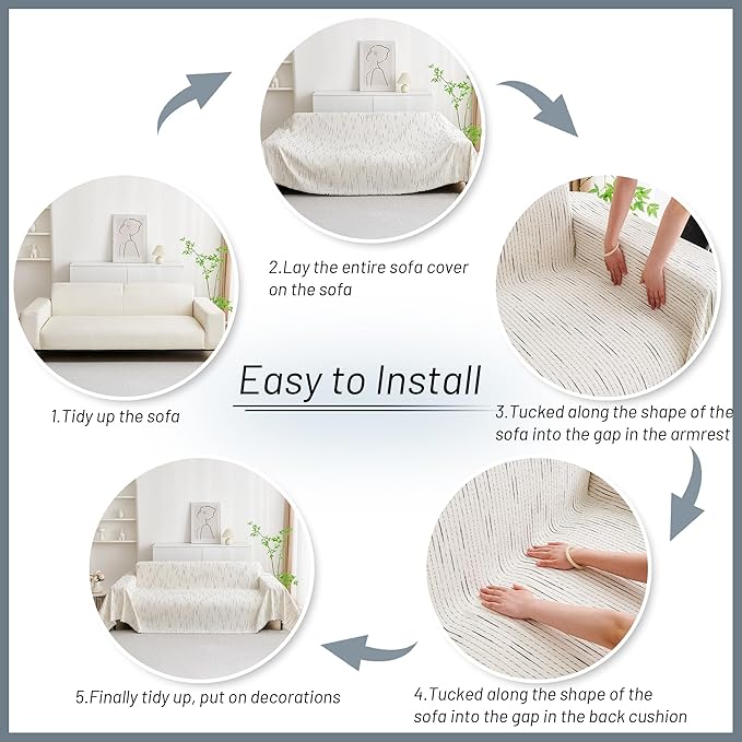 MYSKY HOME Couch Cover for Dogs, Sectional Couch Cover, Beige Lines Sofa Covers for Sectional Sofa L Shape Chenille Couch Protector for Dogs Pets Couch Covers Washable Soft Throw, 91"X118"