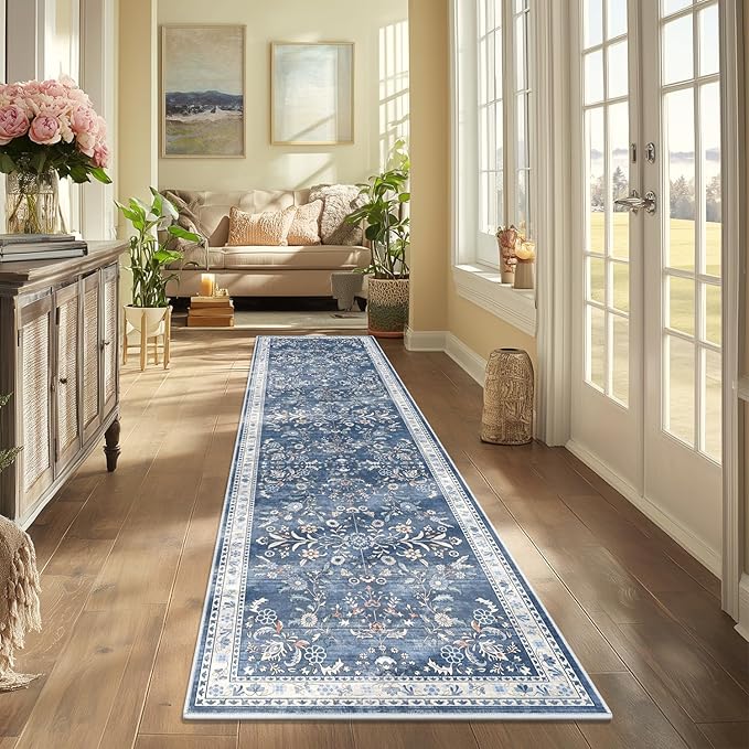 Yamaziot Washable Runner Rug 2x8 – Non Slip Boho Floral Hallway Runner Rug with Rubber Backing, Low Pile Wool Distressed Carpet for Kitchen, Laundry, Bedroom, Entrance, Blue