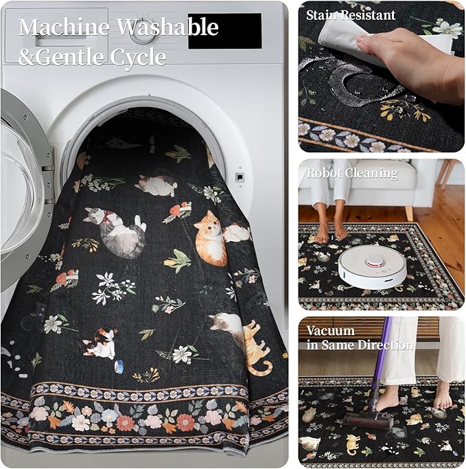 2x6 Washable Kitchen Runner Rug - Soft Low Pile Floral Animal Cat Print Rugs with Non-Slip Backing Waterproof Stain-Resistant Indoor Carpet for Hallway Entryway Bathroom Bedroom (Black)