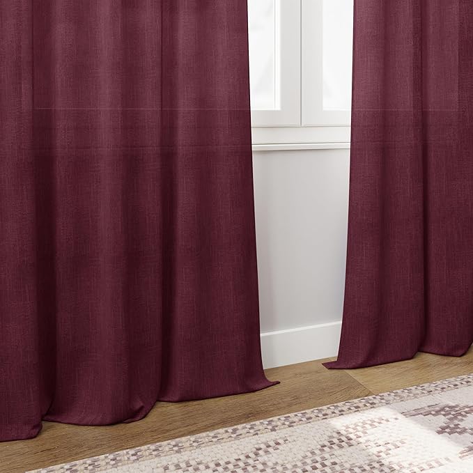 Nanspring Burgundy Linen Curtains 84 Inch Length 2 Panels Set for Living Room Rod Pocket Back Tab Light Filtering Window Drapes for Bedroom Dining Room Protect Privacy Modern Farmhouse Decor 52x84