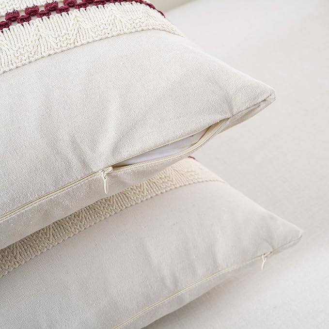Fancy Homi Set of 1 Burgundy Boho Big Decorative Throw Pillow Covers 24x24 Inch for Couch Bed Sofa, Aesthetic Modern Farmhouse Christmas Room Decor, Soft Cotton Textured Wind Red Cushion Case