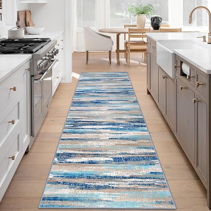 Lansny Modern Abstract Runner Rug 3x8, Blue Washable Kitchen Runner Non-Slip Soft Hallway Rug Runner Thin Print Faux Wool Carpet for Entryway Bedroom Laundry Room Indoor Home Office Decor