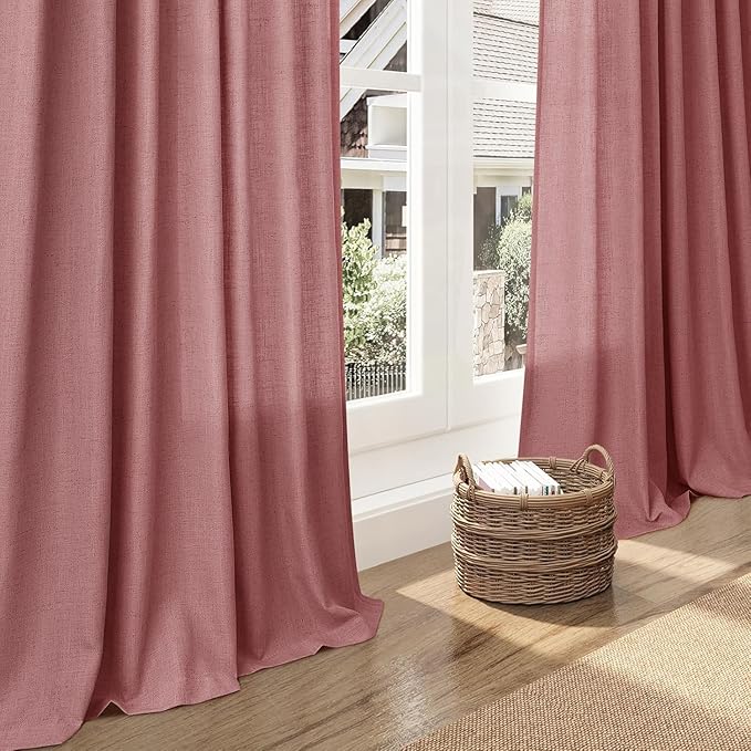 Canyon Rose Linen Curtains for Living Room 126 Inches Long Light Filtering Semi Sheer Curtain Back Tab Modern Farmhouse Decor Boho Girl Drapes Floor to Ceiling High Window for Bedroom 52x126, 2 Panels
