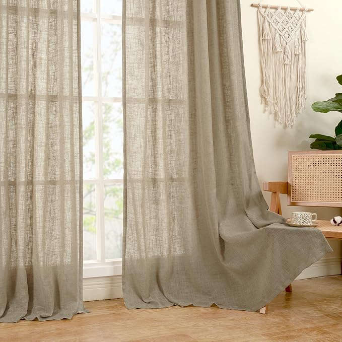 LAMIT Linen Curtains 48 Inch Length 2 Panels, Light Filtering Panels Back Tab and Rod Pocket Country Decor Drapes for Kitchen/Window/Loft Room/Bedroom, 34 x 48 Inch, Taupe
