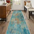 Washable Area Rugs 2'x10' Non-Slip Modern Abstract Soft for Living Room Entryway Bedroom Nursery, Print Pattern, Teal Blue Green Orange Rust Red Coloreful