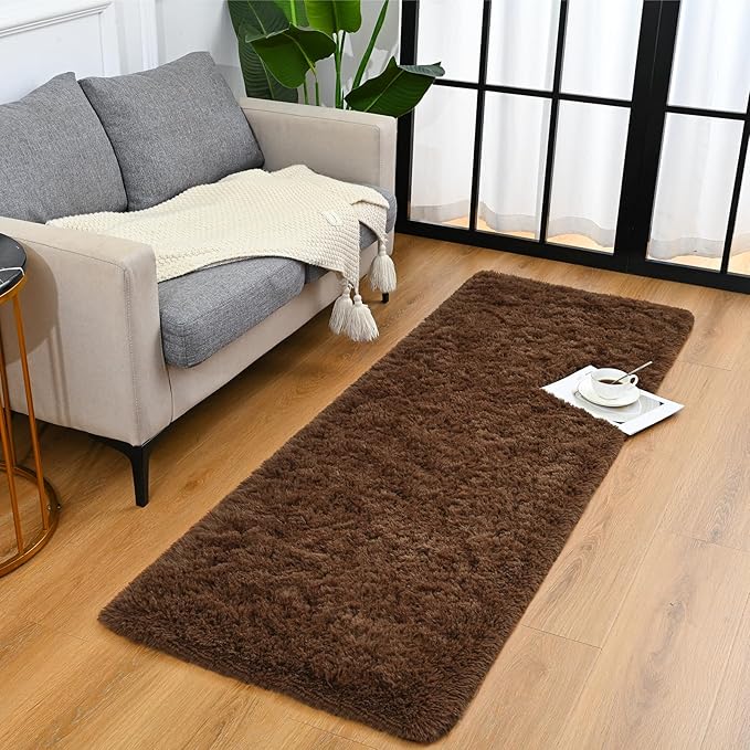 Goideal Fluffy Runner Rug for Bedroom Living Room, 2x6 Brown Bedside Rugs, Faux Fur Shag Modern Carpet Ultra Soft Girls Boys Room Home Decor, Solid