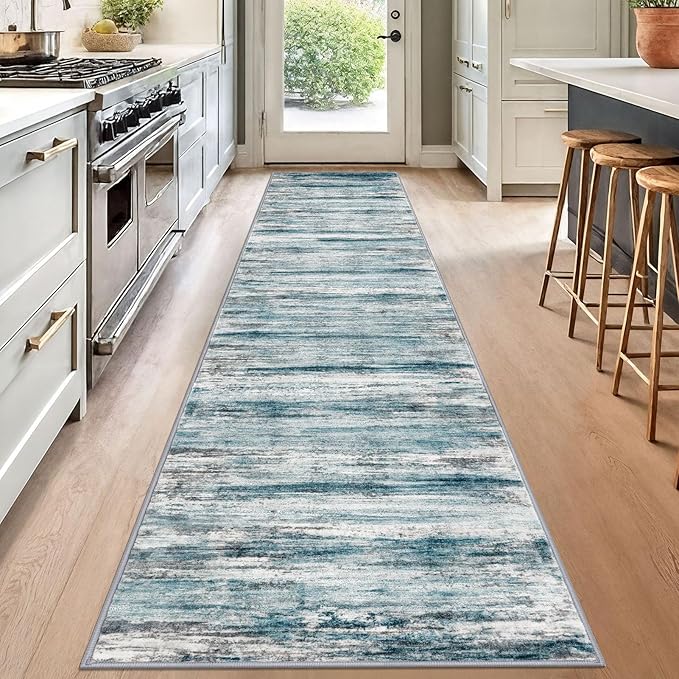 KOZYFLY Modern Abstract Hallway Runner Rug, 2.6x12 Washable Rug Runner Non-Slip Soft Striped Kitchen Runner Rugs, Print Blue Carpet Runner for Entryway Bathroom Laundry Room Foyer