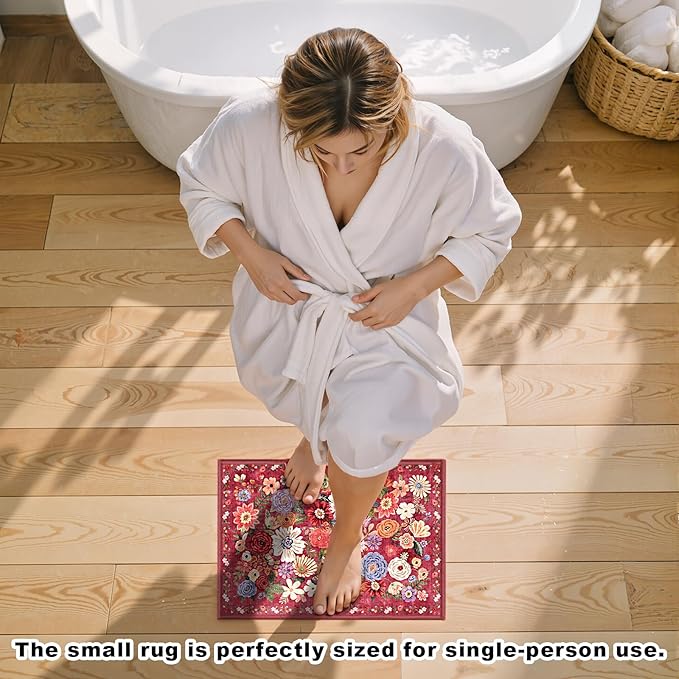 Area Rugs 24x17 Inch Home Decor Entry Rug, Small Door Mat Bath Mats for Bathroom, Ultra-Thin Non Slip Floral Low Pile Tub Mat for Sink Shower Doorway Tub Kitchen Sink(2 x 1.4 ft, Red Garden)