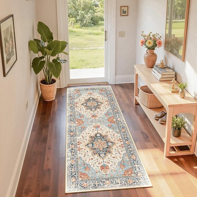 RELEANY Area Rugs 2'x6' Runner Rug Non Slip Washable for Kitchen Hallway Bedroom Beside Laundry Room Bathroom Rug, Floor Carpet, Beige Navy Blue Orange Colorful