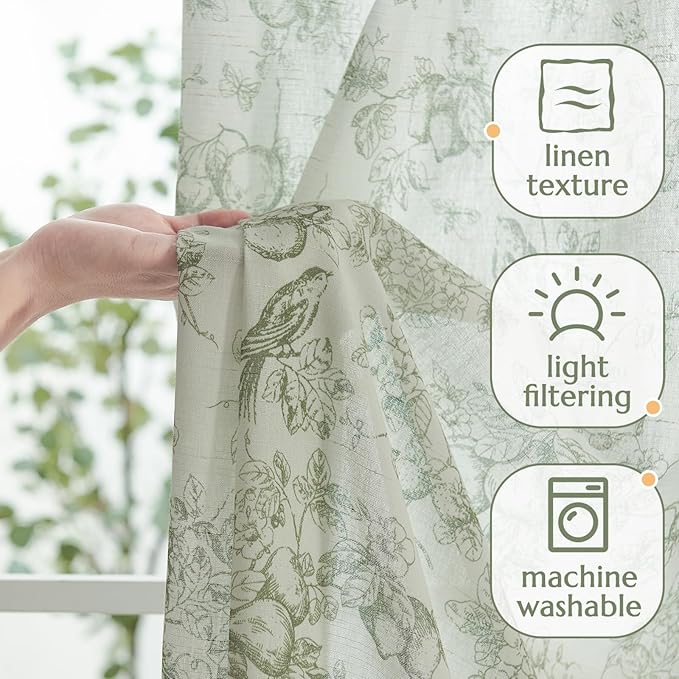 jinchan Linen Floral Curtains for Living Room 63 Inch Long Sage Green Printed Flower French Country Curtain Farmhouse Cottage Core Toile Curtains Back Tab Light Filtering Window Drapes Set 2 Panels